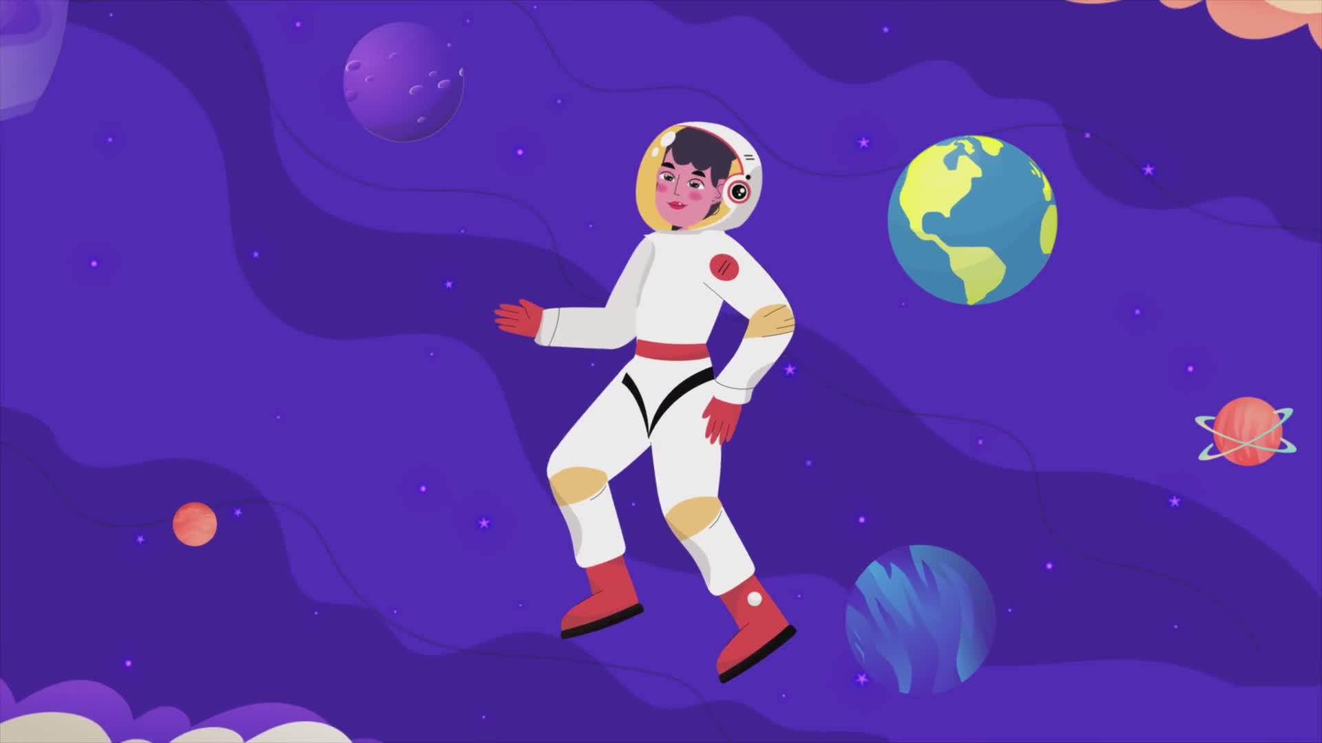 Woman in Spacesuit Floating Among Planets