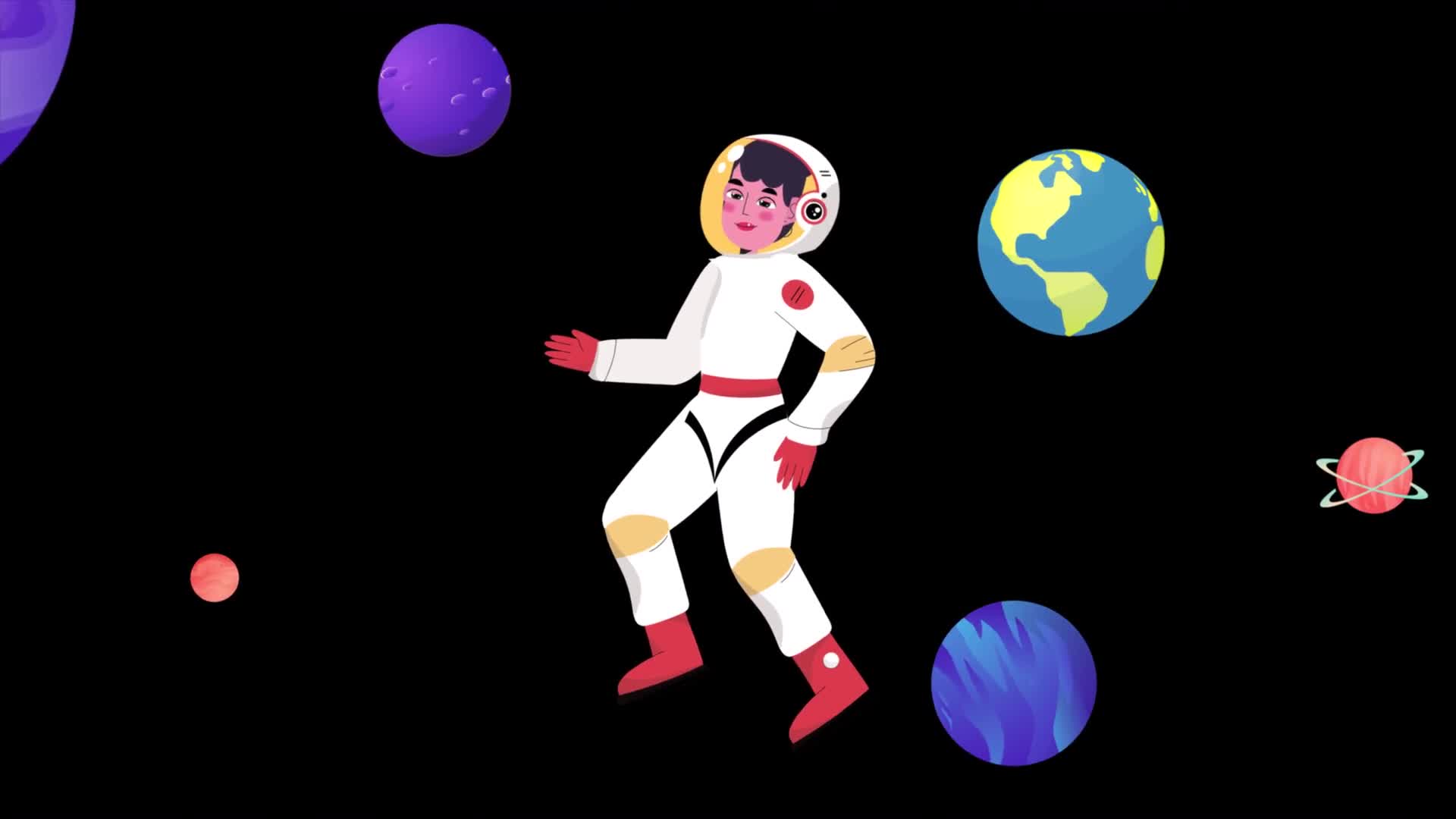 Woman in Spacesuit Floating Among Planets On Alpha