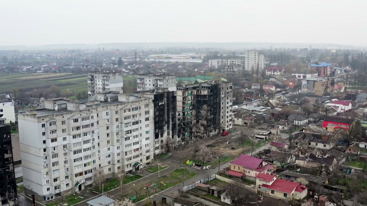 Aerial View of Conflict-Damaged Apartment Buildings