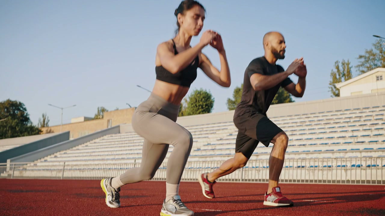Couple Performing Lunges at Stadium Track