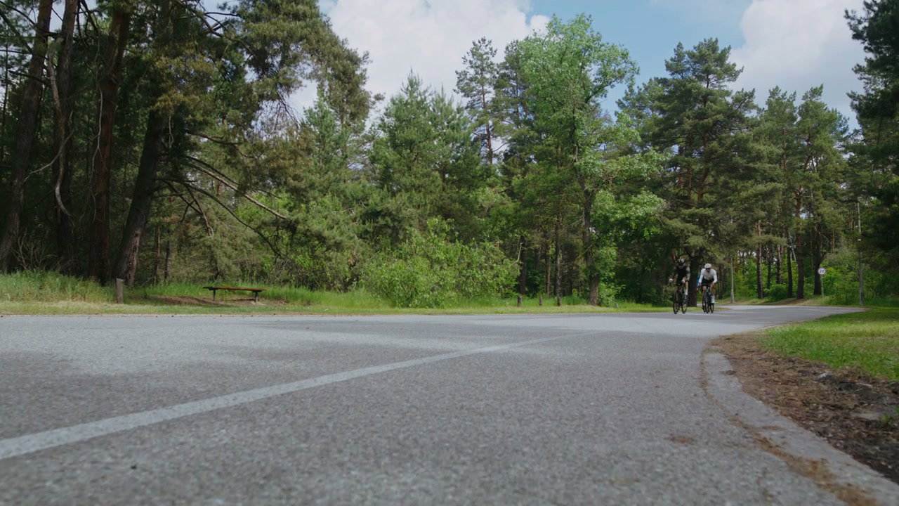 Cyclists Riding Road Bikes on Forest Road