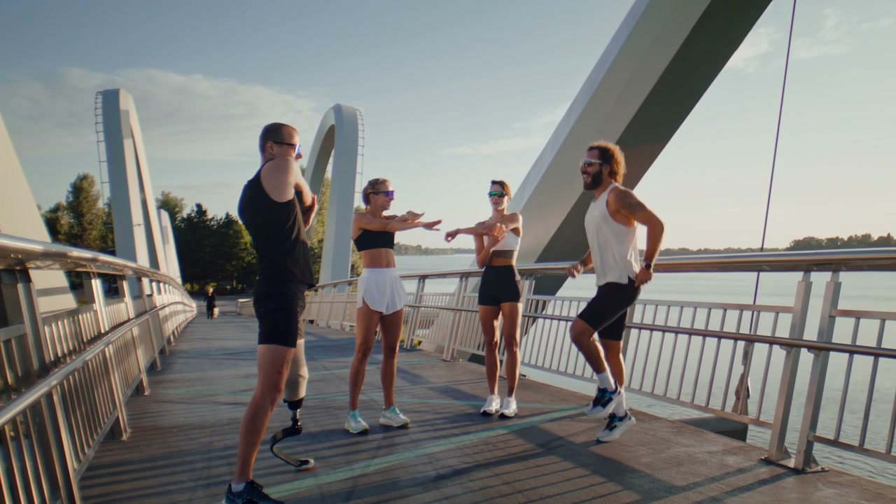 Runners Warming Up on a Modern Bridge