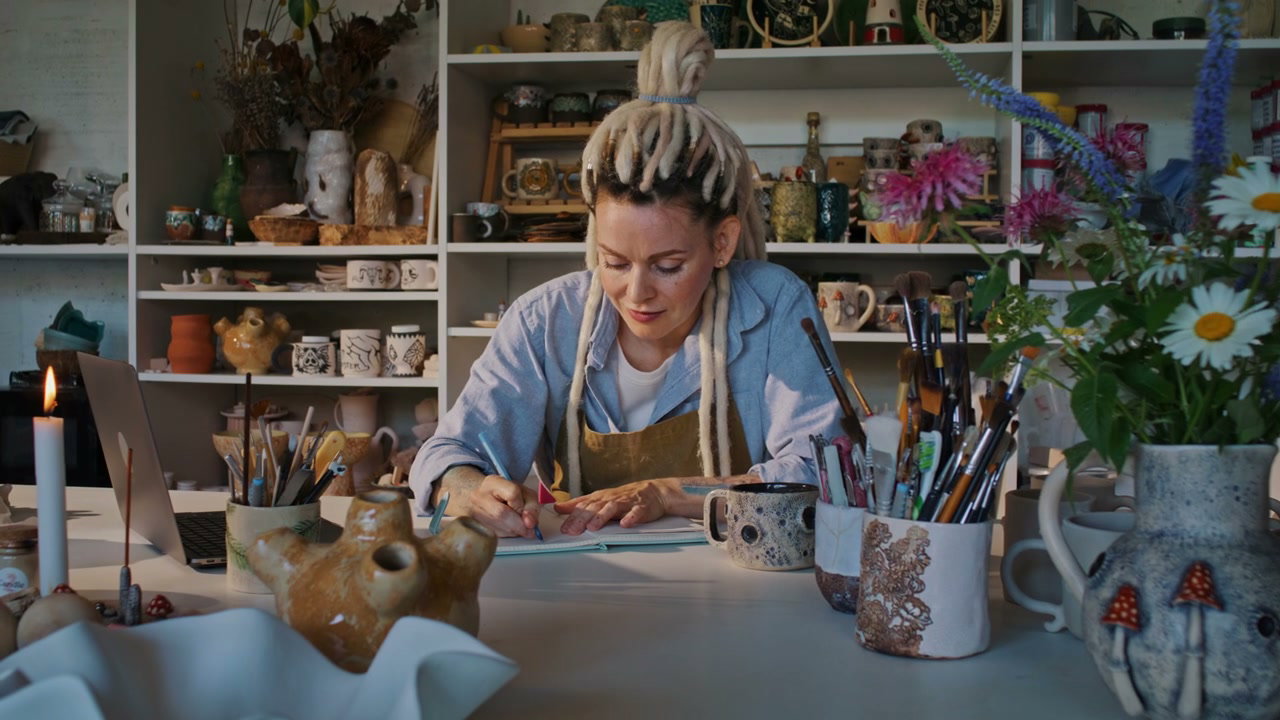 Woman Drawing in Ceramic Studio