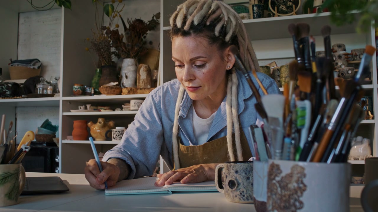 Woman Writing Notes in Pottery Studio