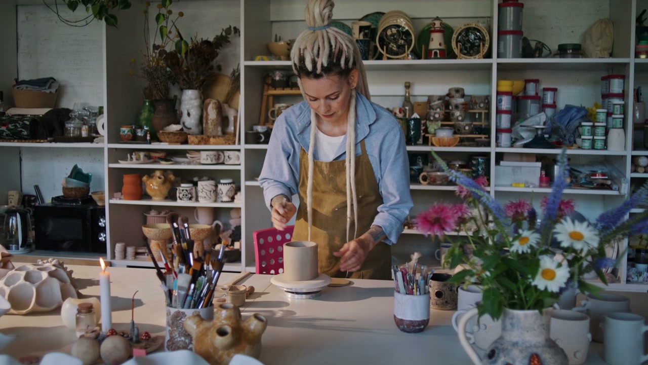 Woman Making Pottery in Ceramic Studio