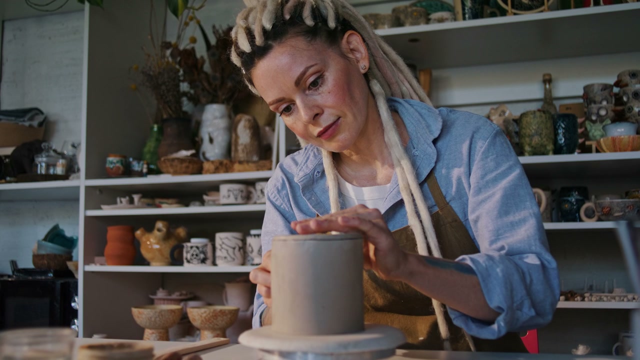 Woman Shaping Clay in Pottery Studio