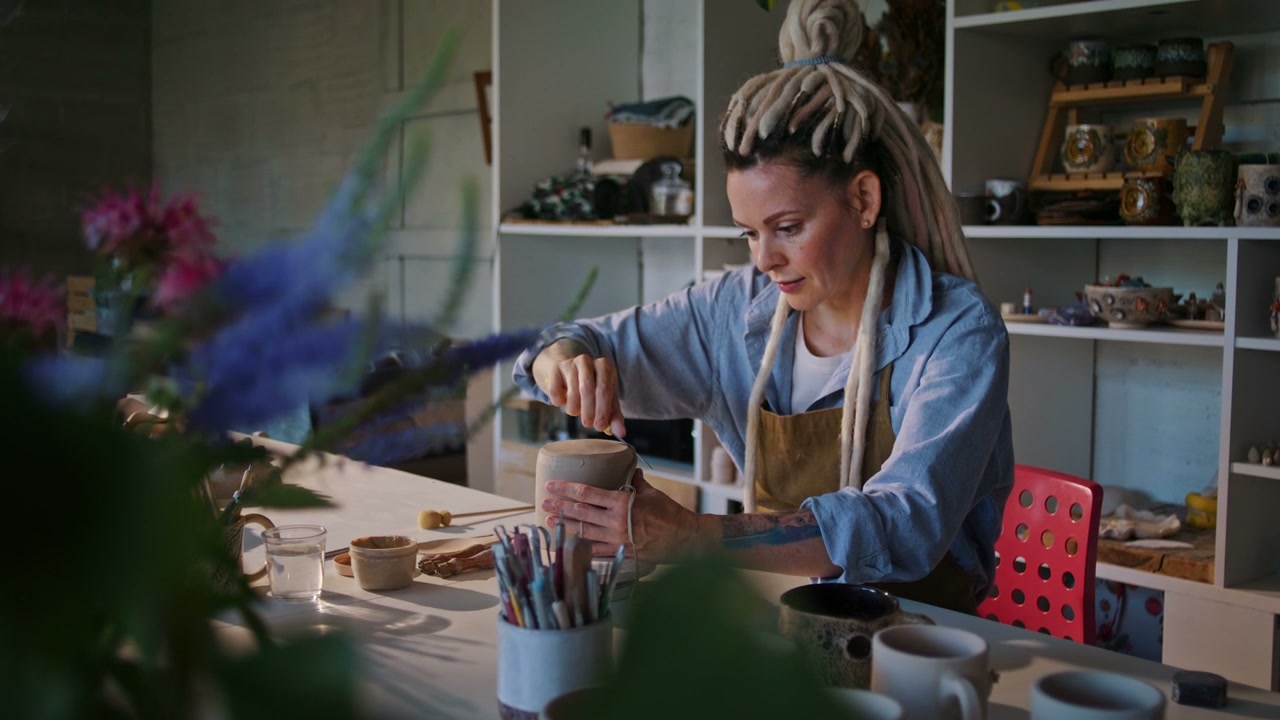 Woman Sculpting Clay Pot in Ceramic Studio