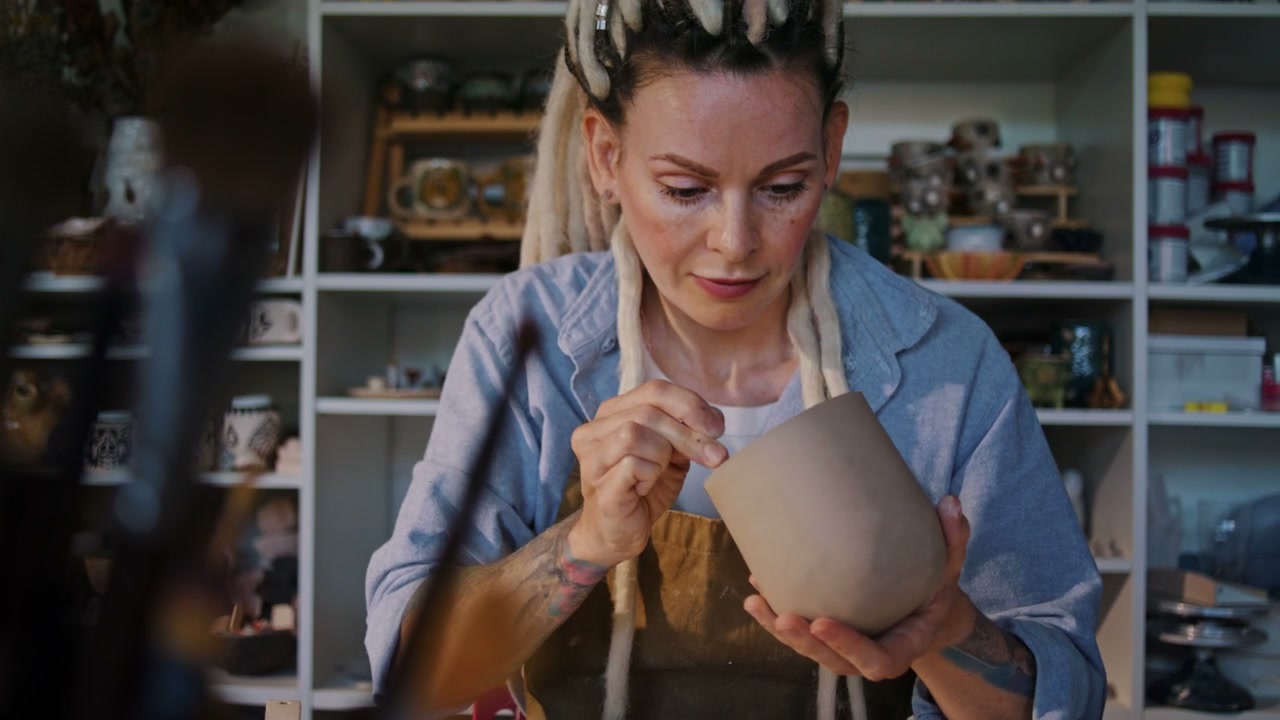 Woman Making Pottery in Ceramic Studio