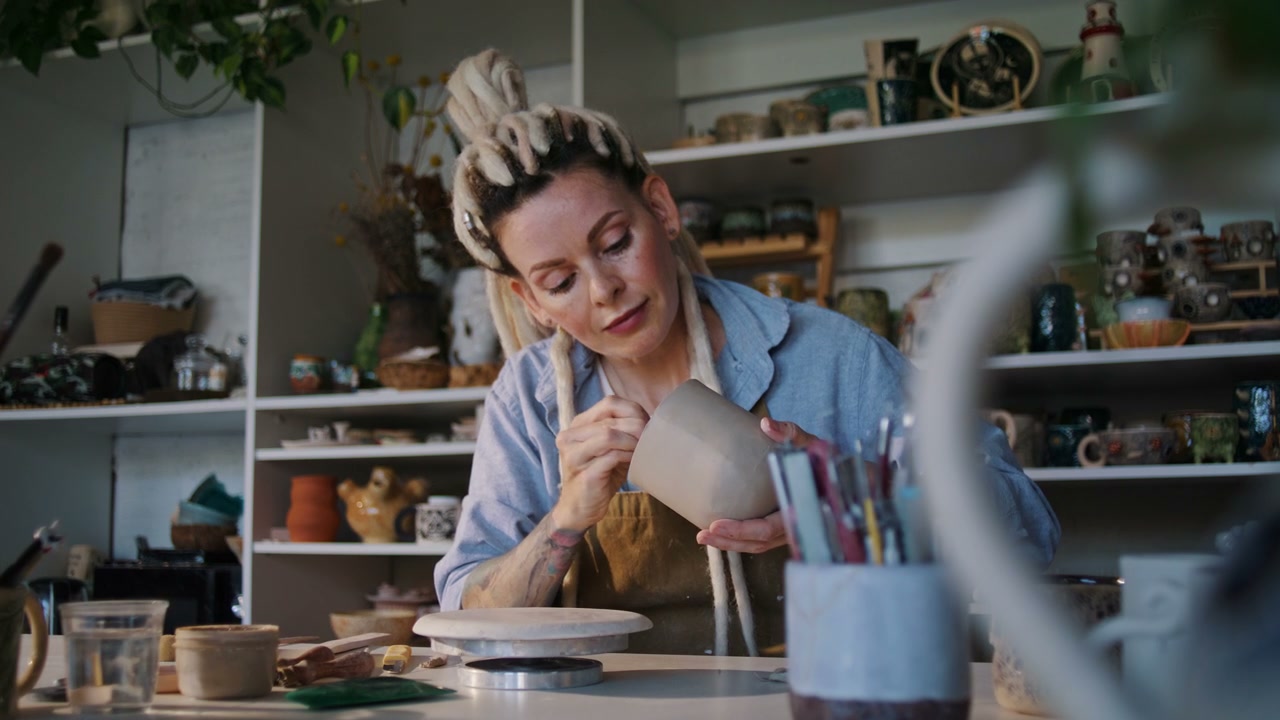Woman Smoothing Clay Pot in Ceramic Studio