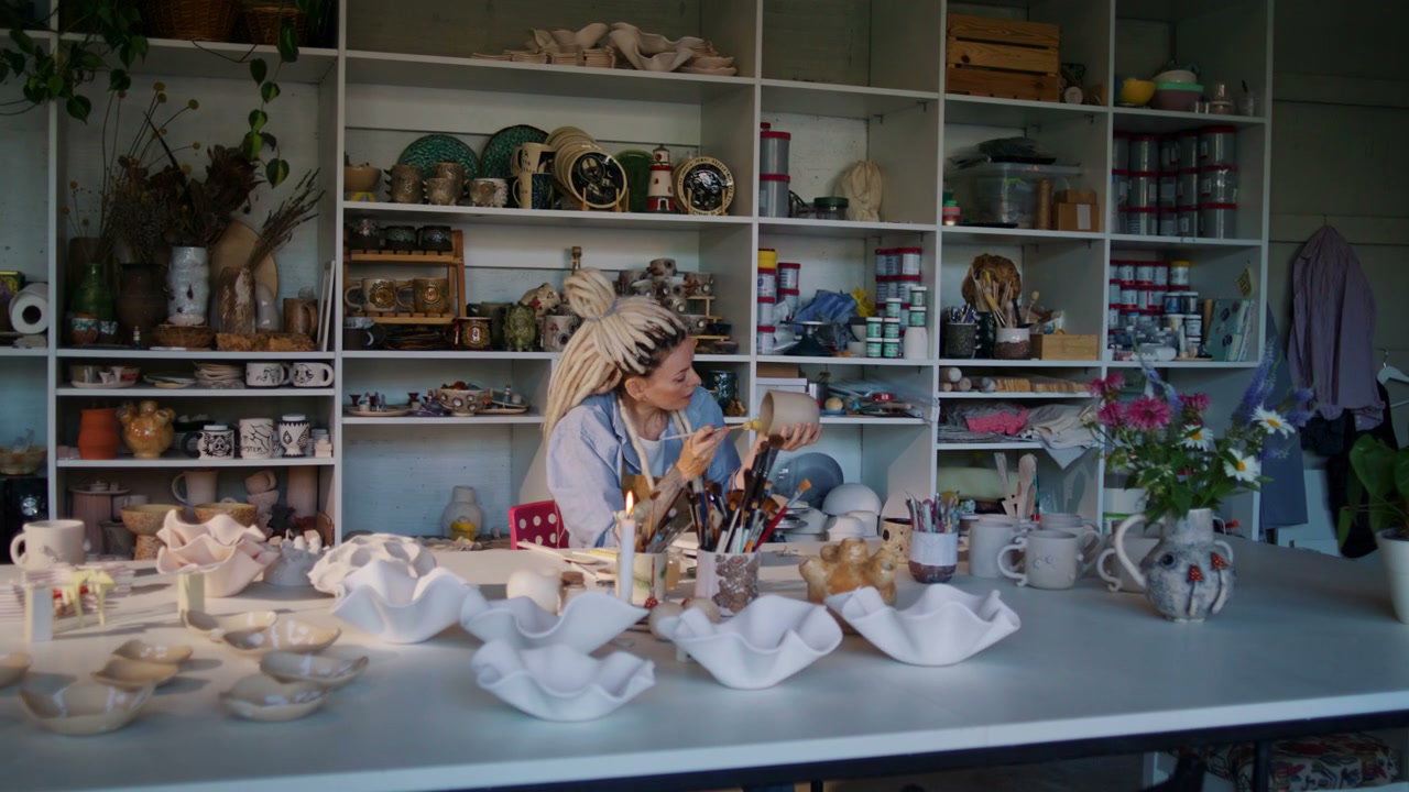 Woman Painting Pottery in Ceramic Studio