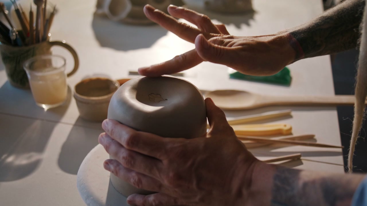 Hands Shaping Clay in Pottery Studio