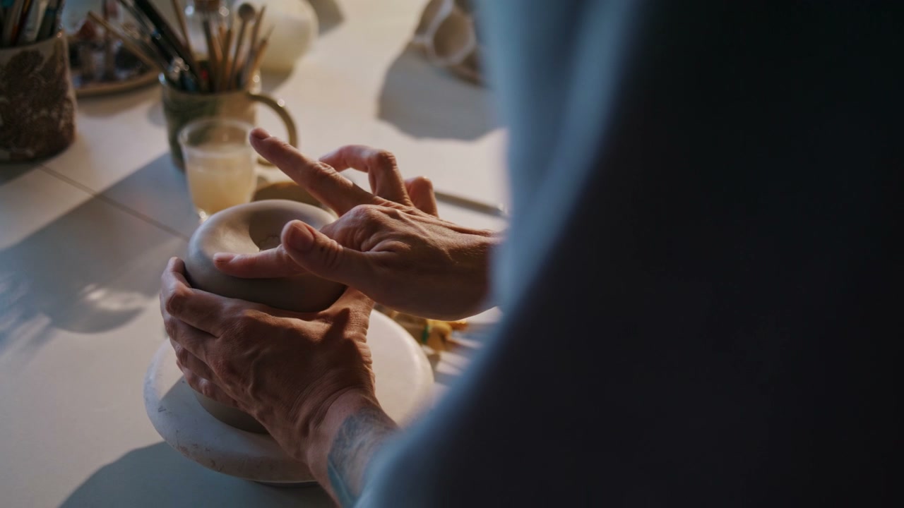 Hands Shaping Clay in Pottery Studio
