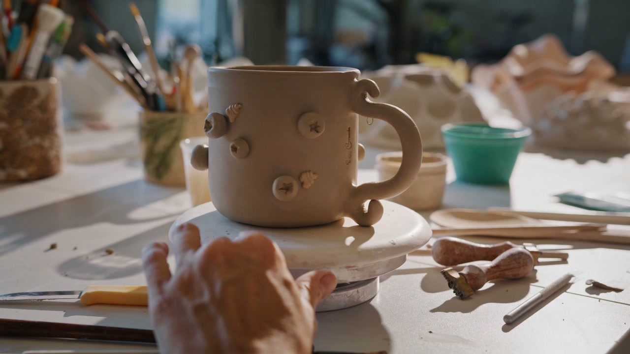 Decorating Clay Mug in Ceramic Studio