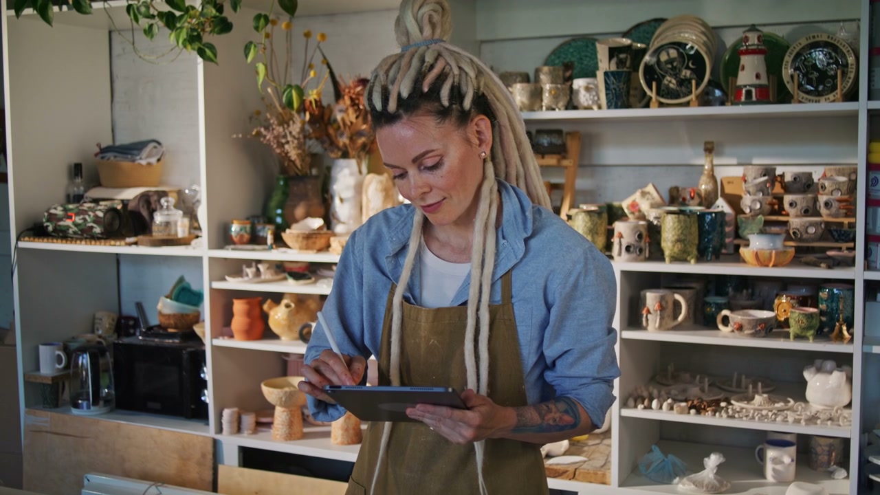 Woman Using Tablet in Ceramic Studio