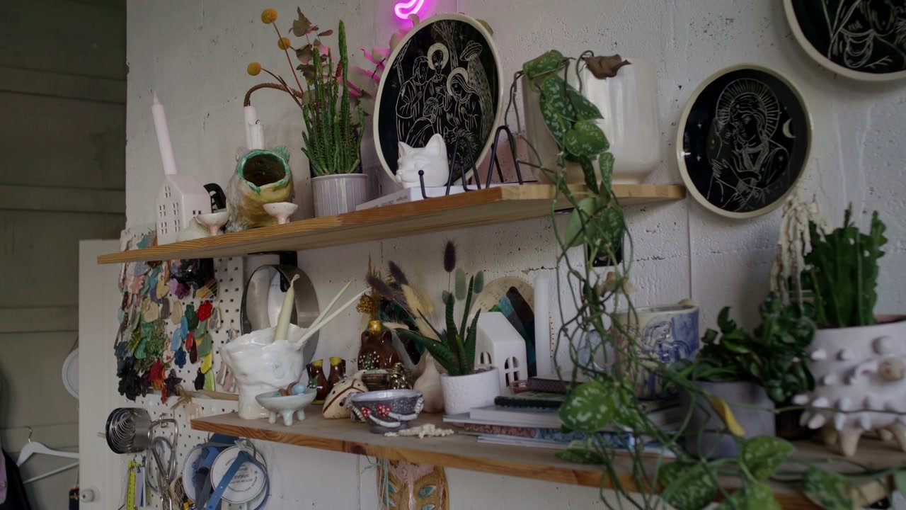 Ceramic Studio Shelves With Plants And Art