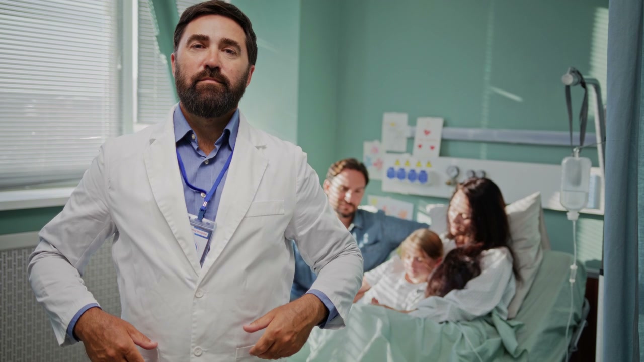 Hospital Doctor Posing, Family in Background