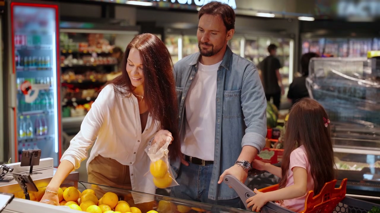 Family Buys Oranges in Supermarket