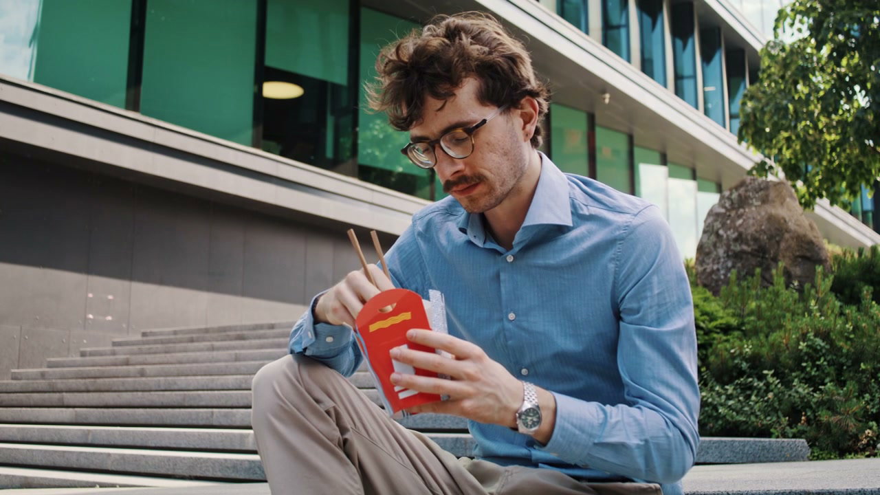 Business Person Eating Noodles on Stairs