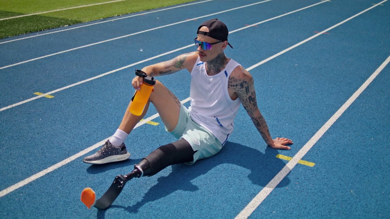 Athlete with Prosthetic Leg Resting on Track