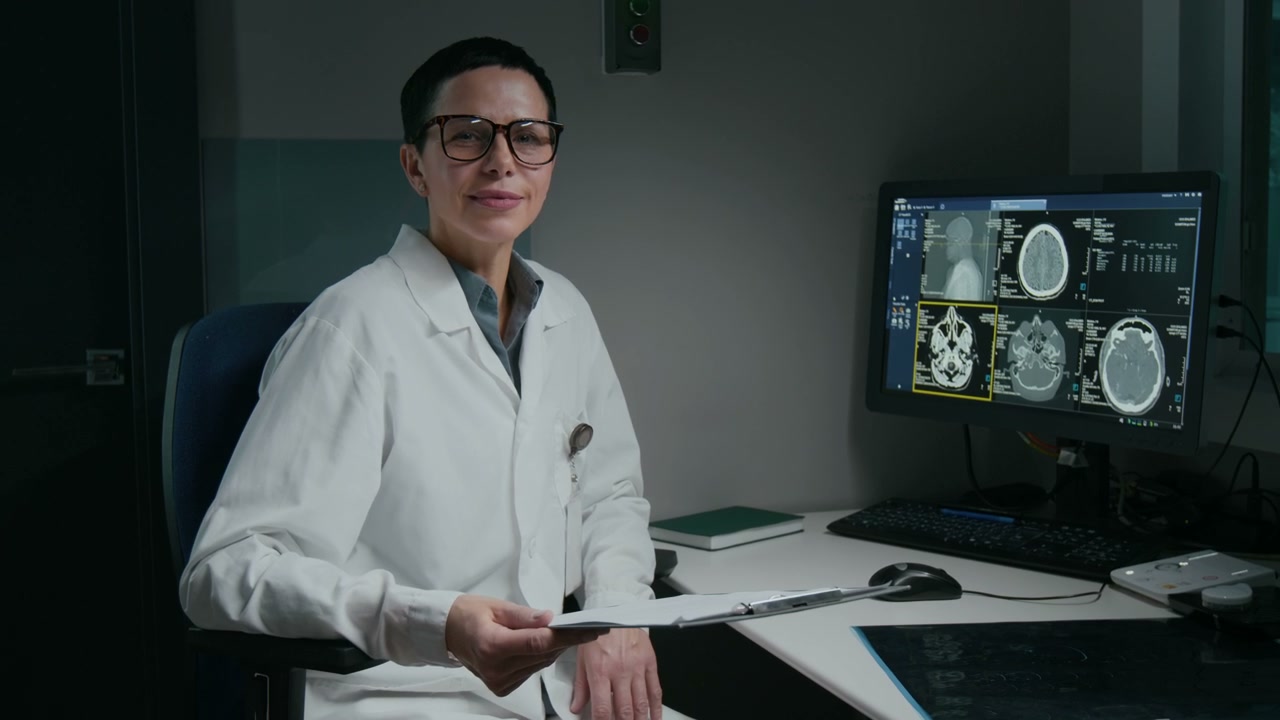Radiologist Smiling with Brain Scan on Monitor