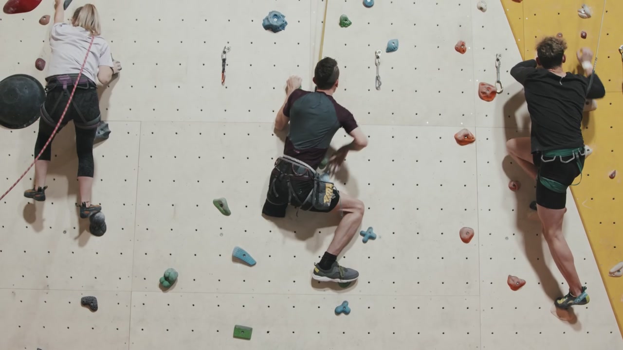 Adaptive Climber and Friends on Indoor Wall