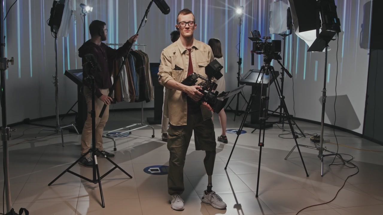 Filmmaker with Prosthetic Leg in Studio