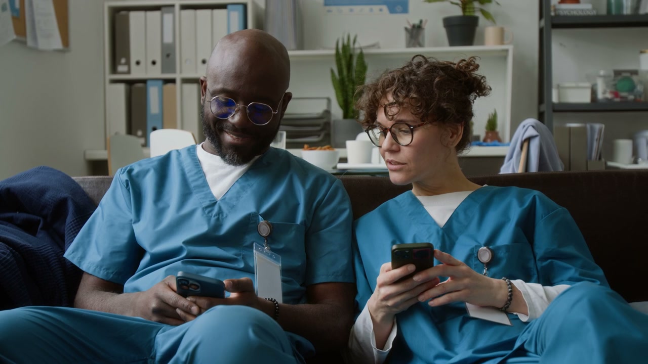 Healthcare Professionals on Break with Phones