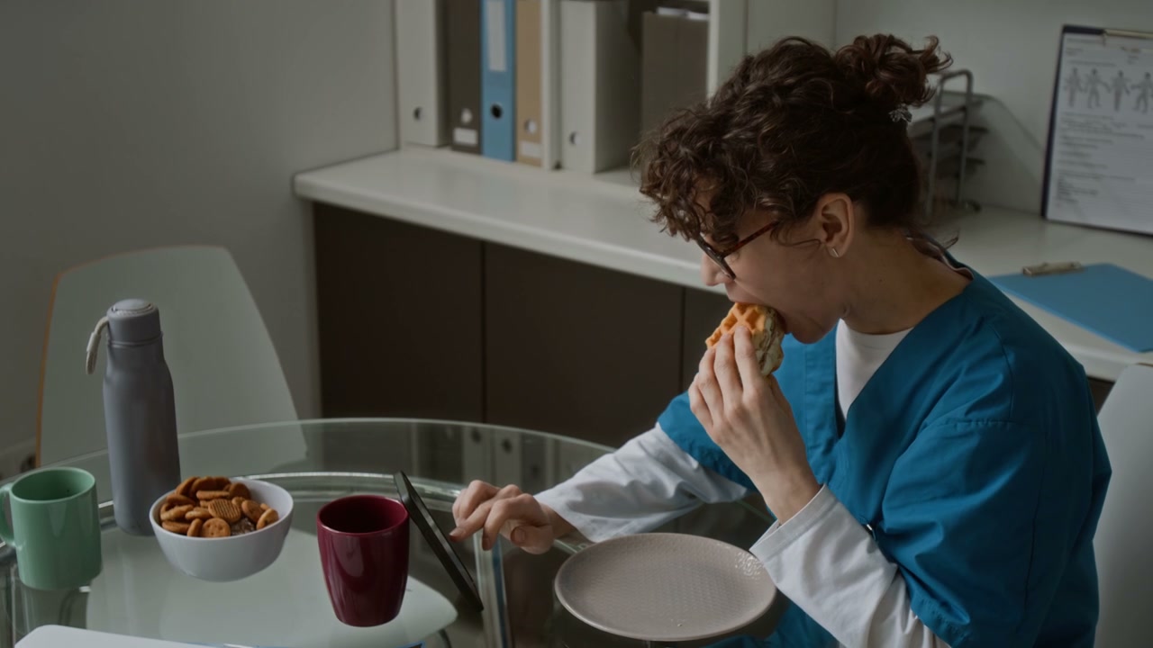 Medical Professional Eating Lunch and Using Tablet