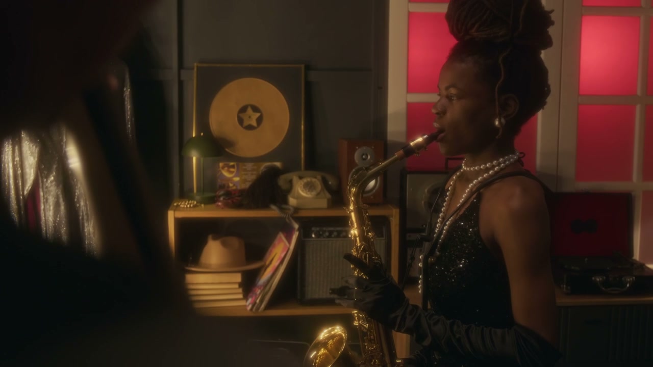 Woman Playing Saxophone in Vintage Studio
