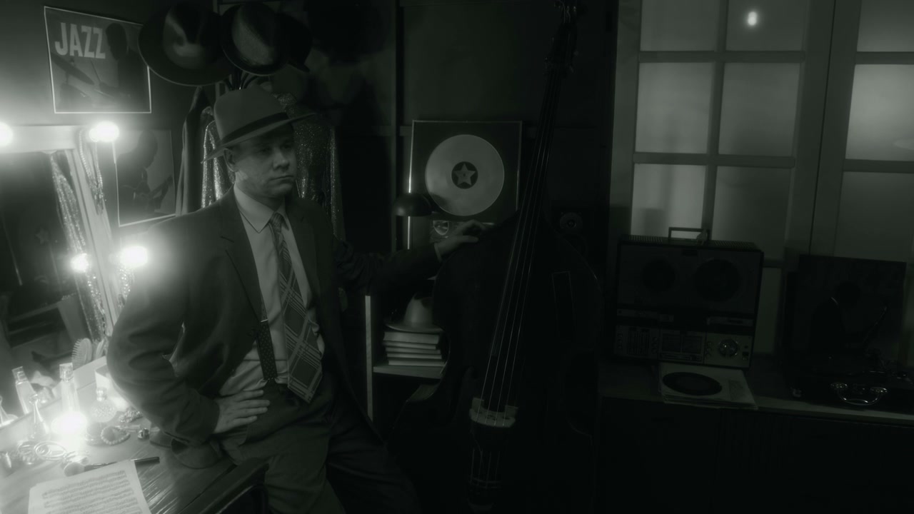 Jazz Musician Posing Backstage in Black and White