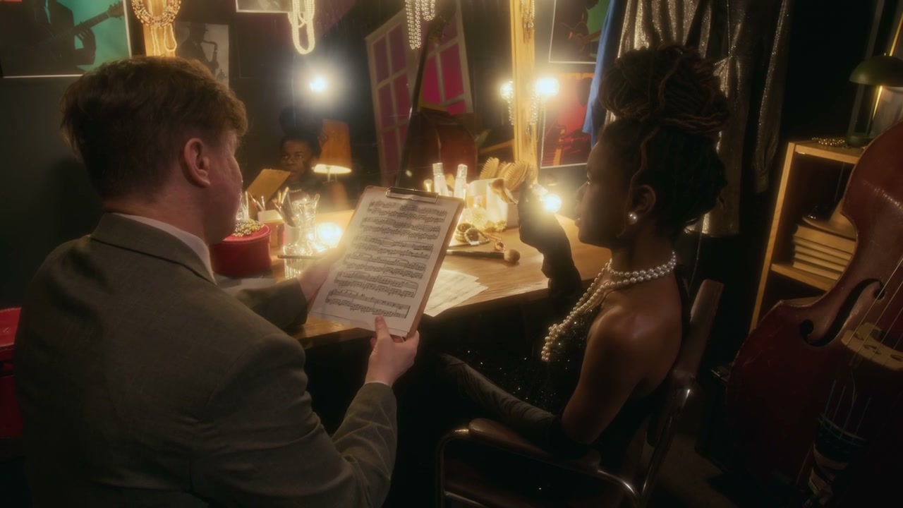Jazz Duo Discussing Sheet Music