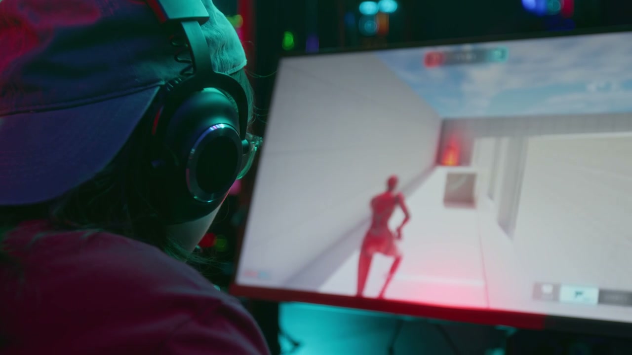 Teenage Girl Playing Online Shooter with Red Humanoid Avatar