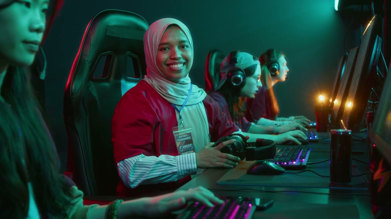 Smiling Woman Gamer in Esports Club