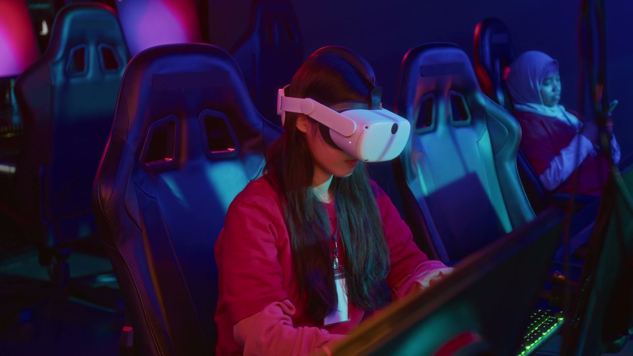 Young Woman in Augmented Reality Headset Playing Video Game in Club