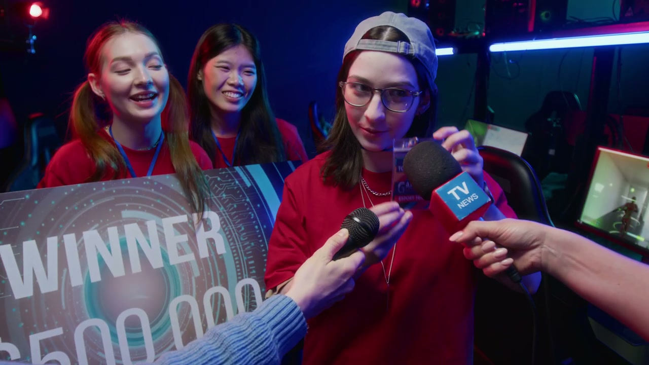 Female Cybersport Team Captain Giving Interview after Winning Tournament