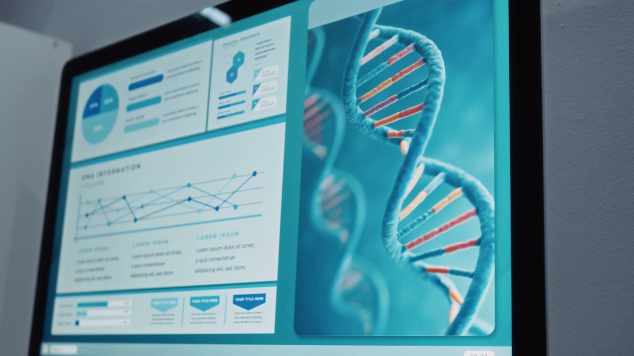 Rotating DNA Helix and Scientific Data on Screen
