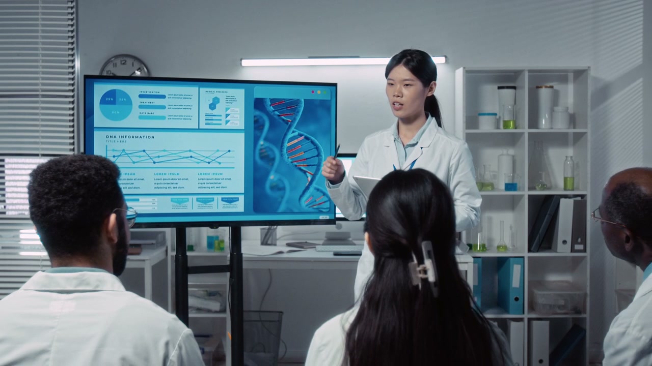 Scientist Presenting DNA Information in Lab