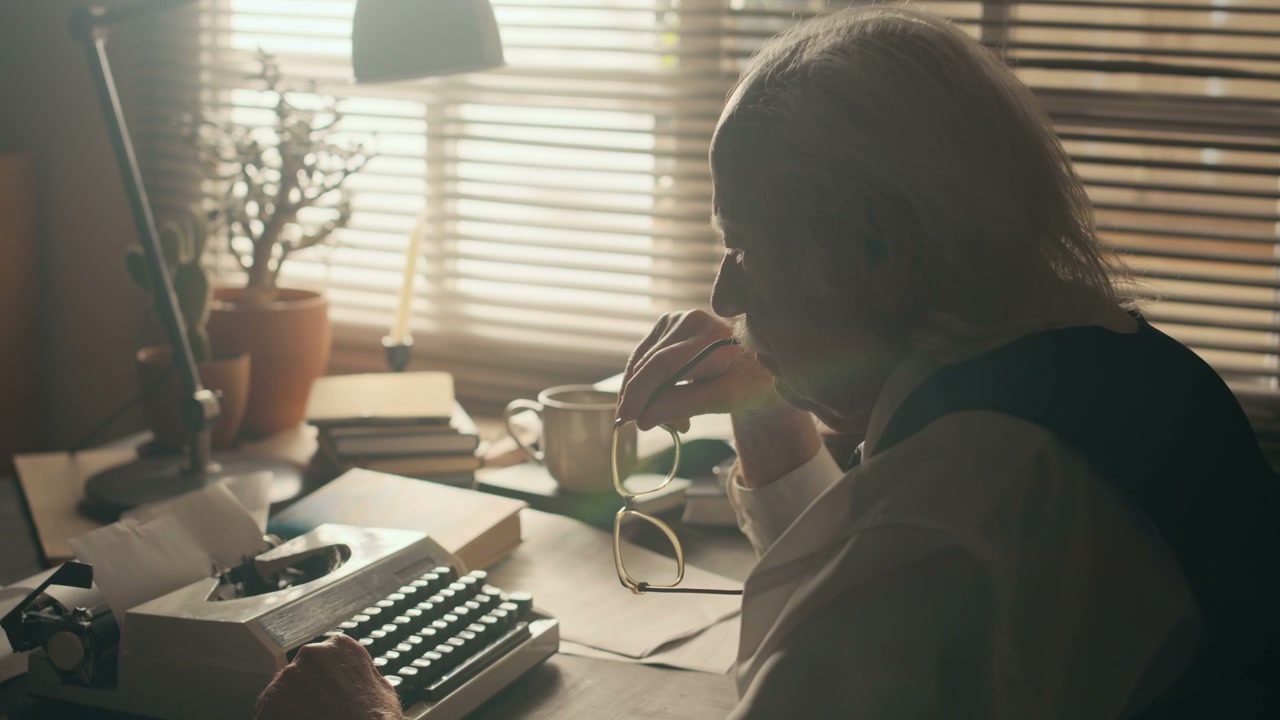 Senior Man Overcoming Writer's Block at Desk