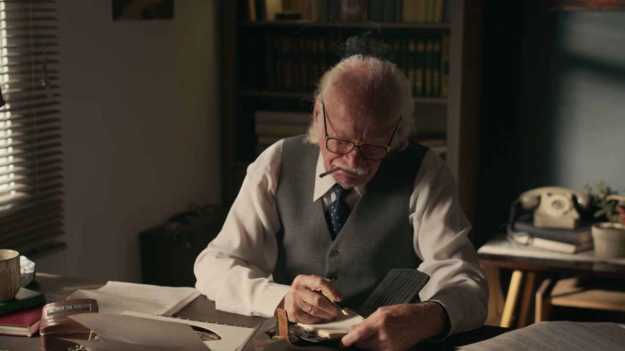 Elderly Man Smoking and Writing in Vintage Office