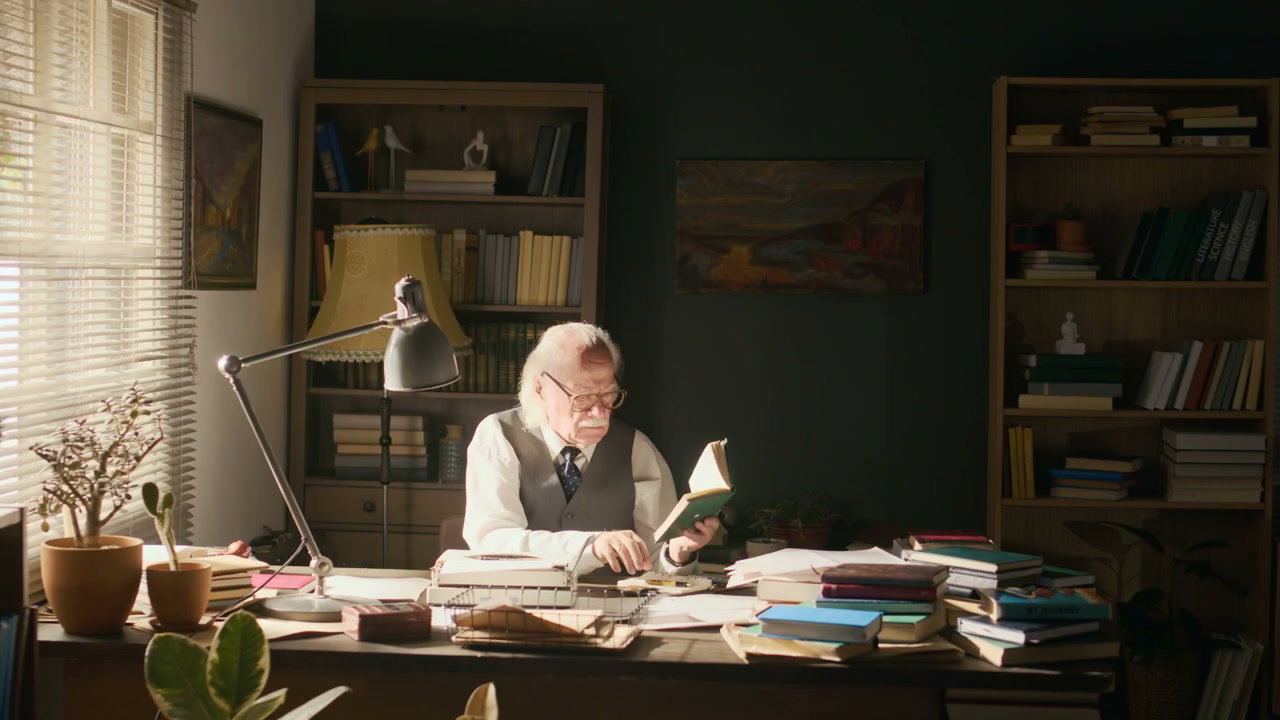 Elderly Writer Working at Desk in Timelapse