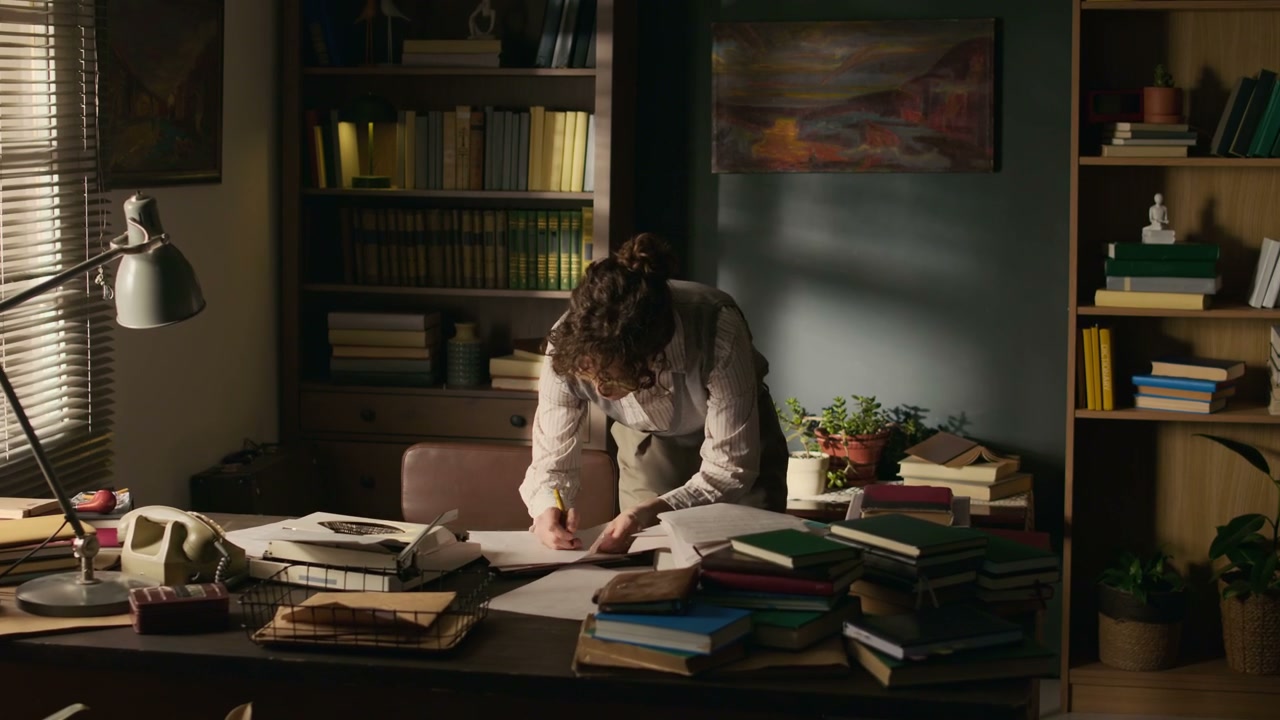 Female Writer Working in Vintage Home Office