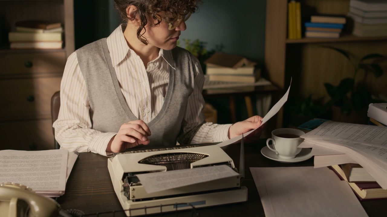 Writer Working on Typewriter at Desk