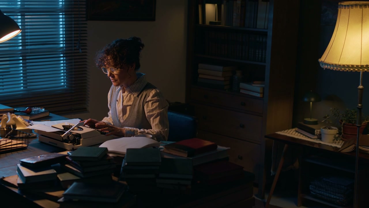 Woman Writer Typing on Typewriter at Night