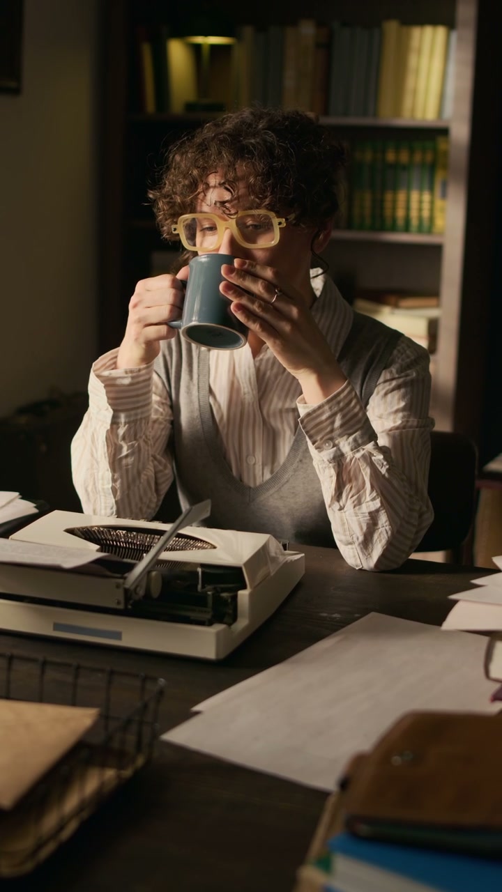 Writer Drinking Coffee by Typewriter