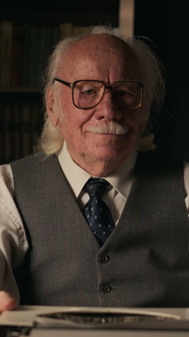 Senior Writer Smiling at Camera with Typewriter