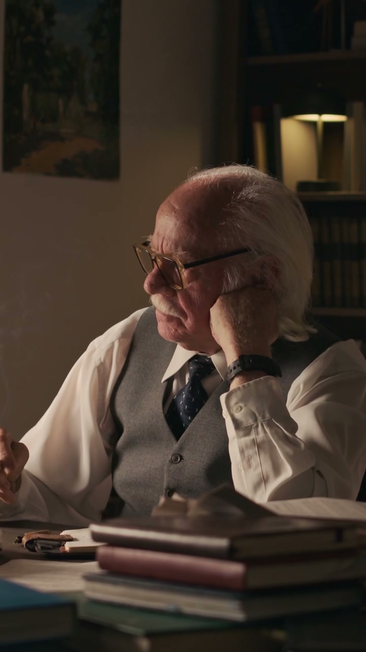 Elderly Author Thinking at Desk