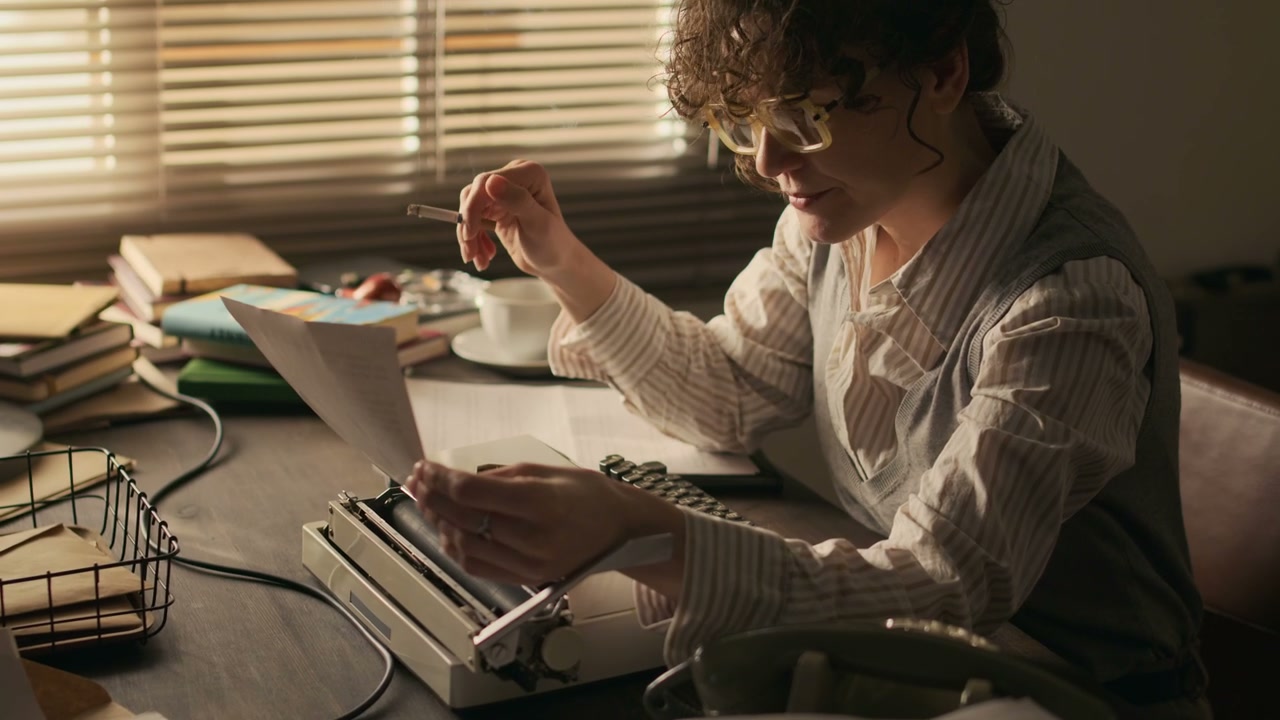 Woman Writer Reading Document and Smoking