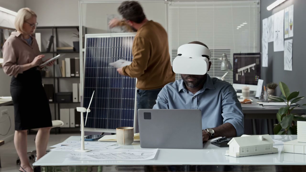 Engineer Using VR Headset in Green Tech Office