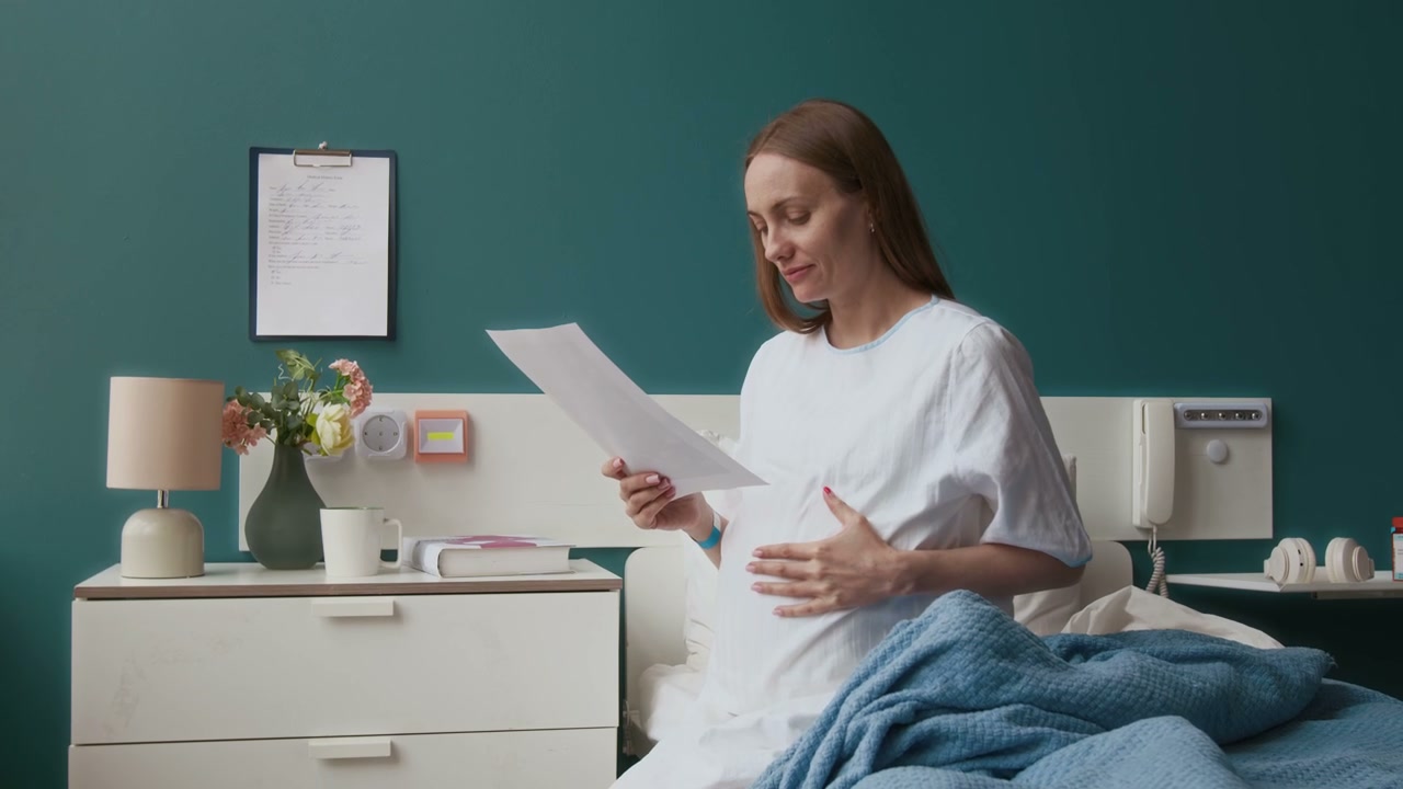 Pregnant Woman Caressing Belly in Hospital Bed