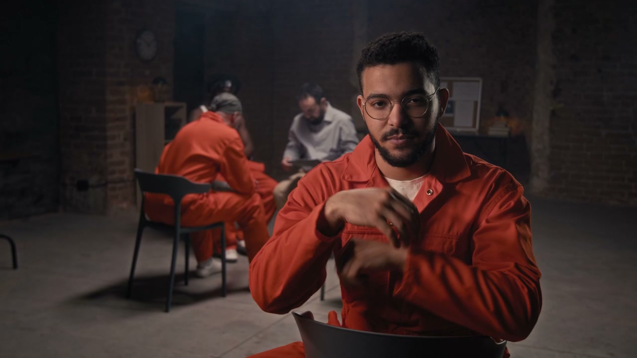 Inmate in Orange Jumpsuit at Group Therapy